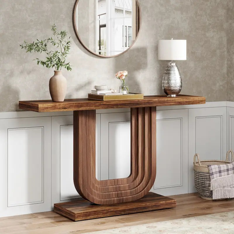 Console d'entrée étroite en bois de 99 cm avec base géométrique en U