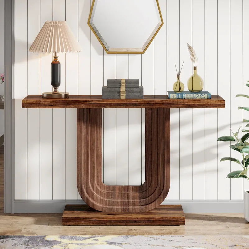 Console d'entrée étroite en bois de 99 cm avec base géométrique en U