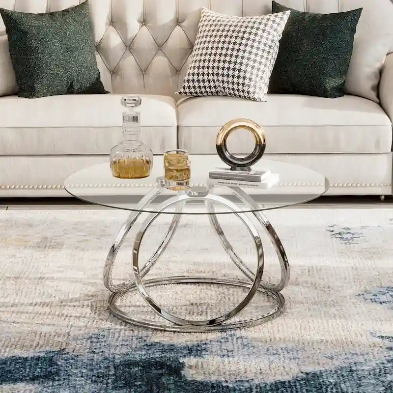 Table basse ronde contemporaine en verre – Piètement en acier chromé, Accent de salon