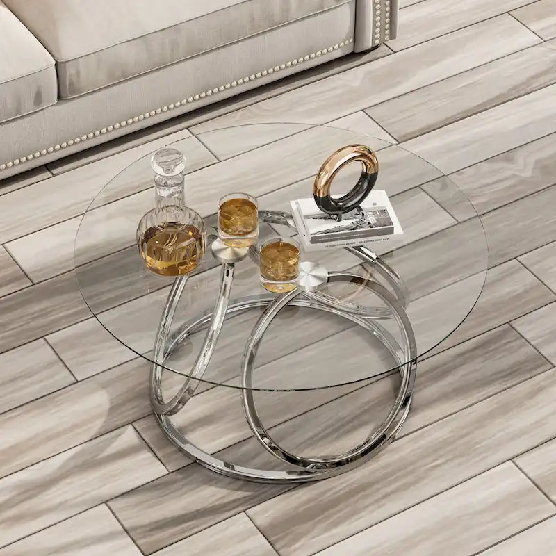 Table basse ronde contemporaine en verre – Piètement en acier chromé, Accent de salon