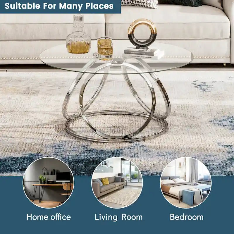 Table basse ronde contemporaine en verre – Piètement en acier chromé, Accent de salon