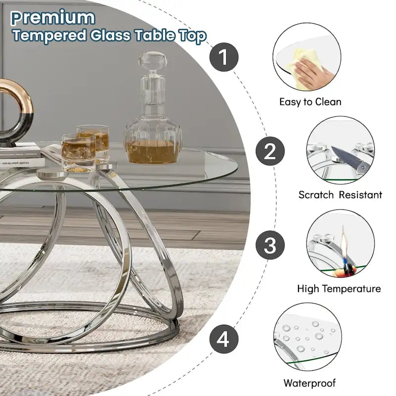 Table basse ronde contemporaine en verre – Piètement en acier chromé, Accent de salon