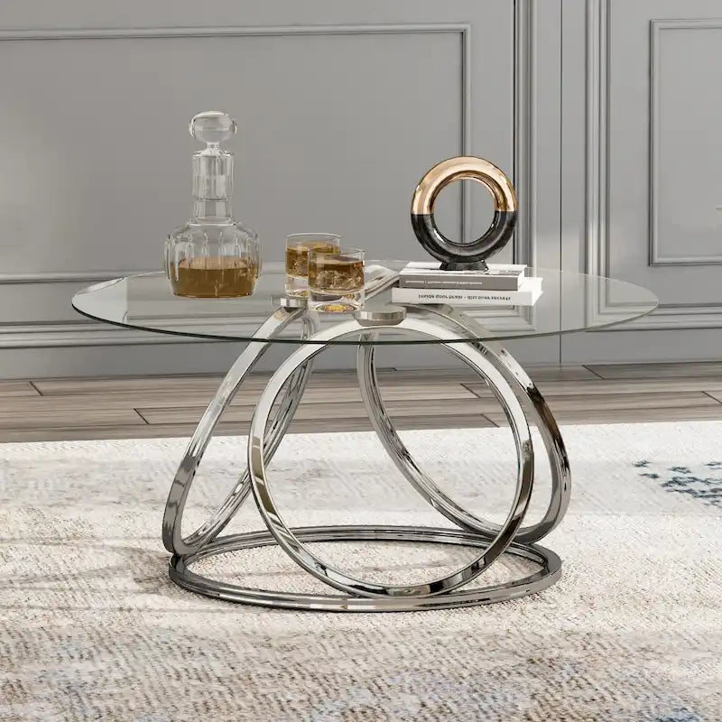 Table basse ronde contemporaine en verre – Piètement en acier chromé, Accent de salon