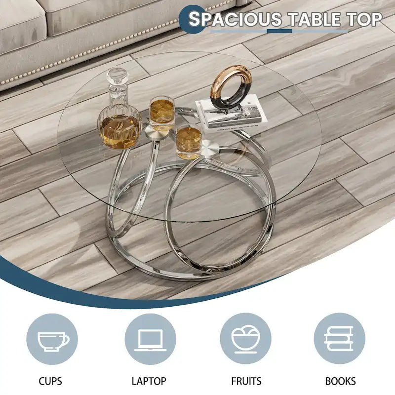Table basse ronde contemporaine en verre – Piètement en acier chromé, Accent de salon