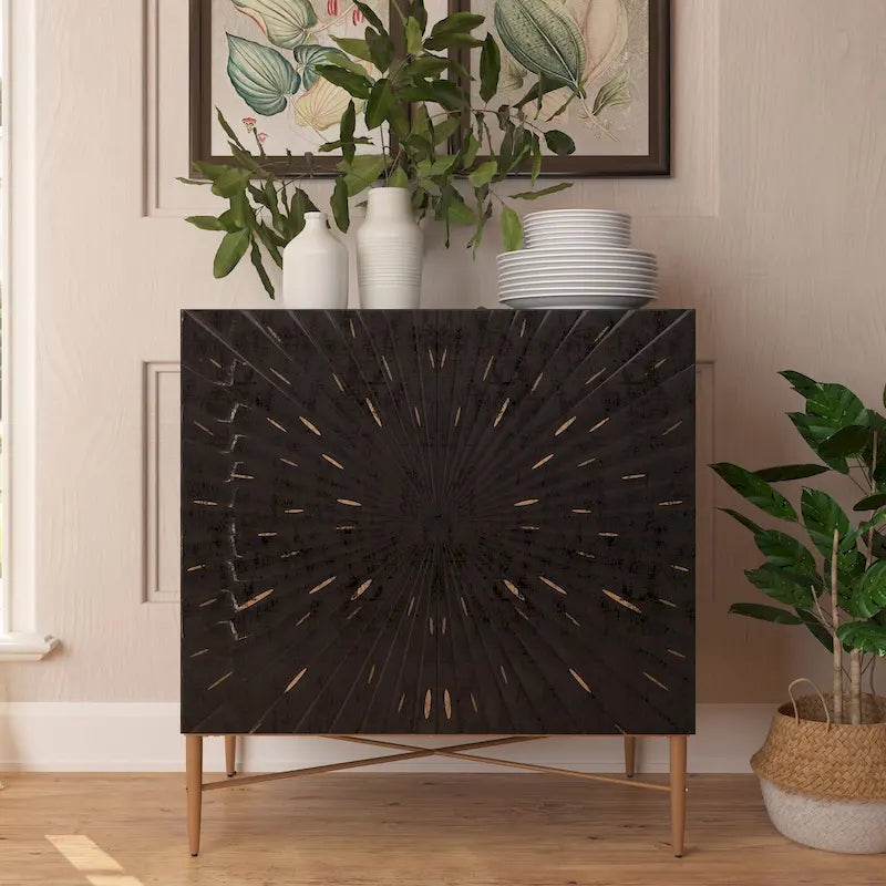 Meuble de Rangement Multimédia Vintage 2 Portes avec Motif Géométrique, 76 cm