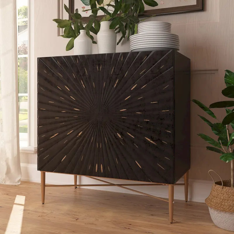 Meuble de Rangement Multimédia Vintage 2 Portes avec Motif Géométrique, 76 cm