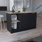 Îlot de cuisine Juniper avec grand plan de travail, meuble à deux portes et étagères ouvertes