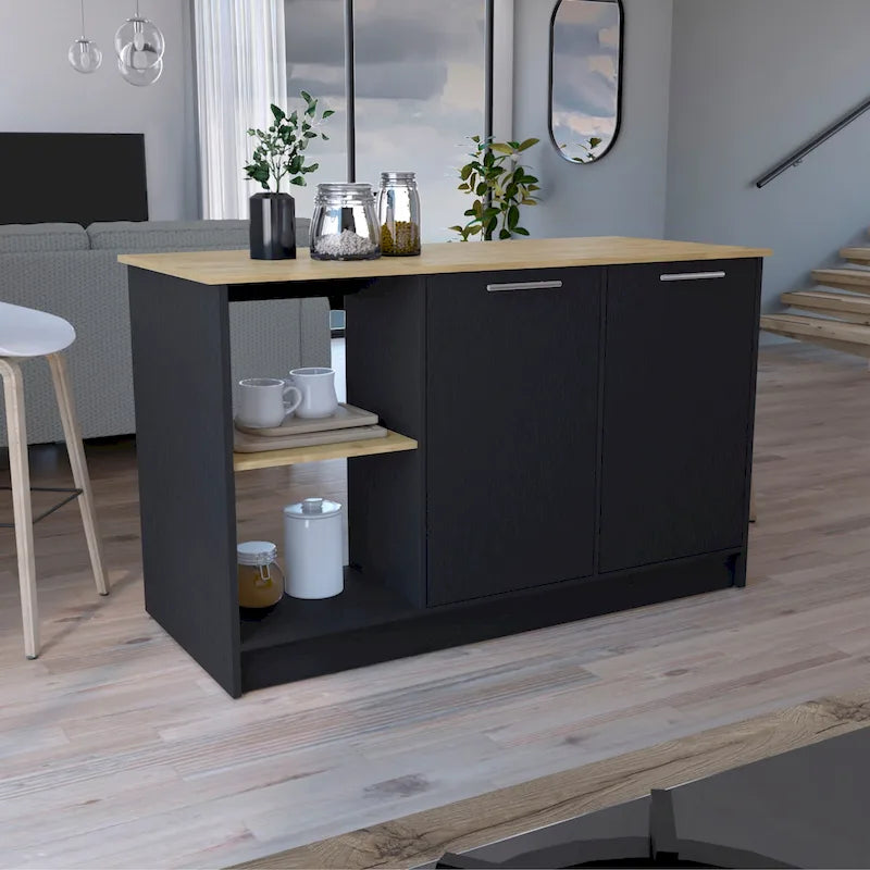 Îlot de cuisine Juniper avec grand plan de travail, meuble à deux portes et étagères ouvertes