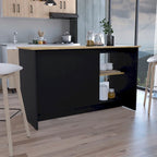Îlot de cuisine Juniper avec grand plan de travail, meuble à deux portes et étagères ouvertes