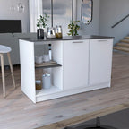 Îlot de cuisine Juniper avec grand plan de travail, meuble à deux portes et étagères ouvertes