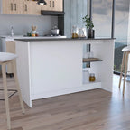 Îlot de cuisine Juniper avec grand plan de travail, meuble à deux portes et étagères ouvertes
