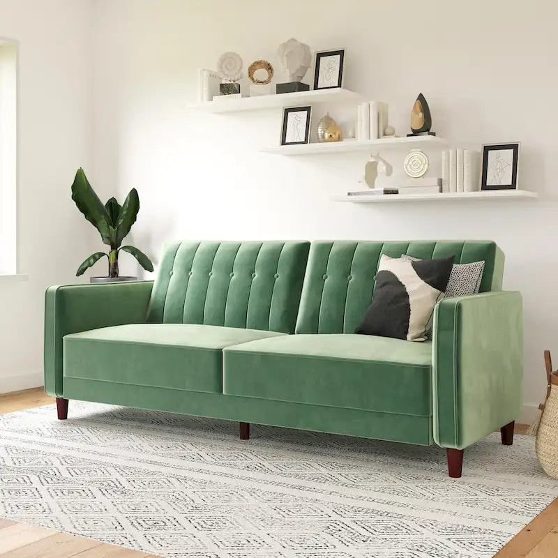 Canapé-lit futon de transition tufté Ivy – Canapé-lit convertible en velours, dossier inclinable séparé, 3 places
