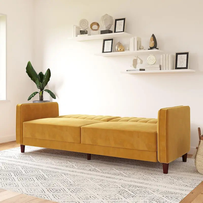 Canapé-lit futon de transition tufté Ivy – Canapé-lit convertible en velours, dossier inclinable séparé, 3 places