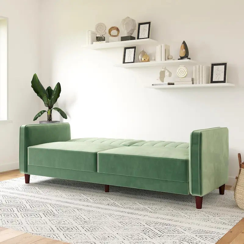 Canapé-lit futon de transition tufté Ivy – Canapé-lit convertible en velours, dossier inclinable séparé, 3 places