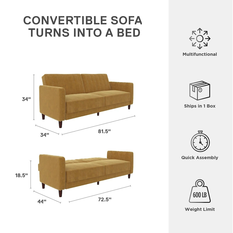 Canapé-lit futon de transition tufté Ivy – Canapé-lit convertible en velours, dossier inclinable séparé, 3 places