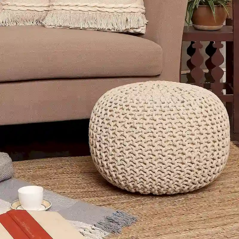 Pouf Tricoté à la Main Coton Corde Tressée Tressage Câble Ottomane - Repose-Pieds - Siège d'Appoint Meuble Pouf - Salon Enfants - 18x18x14