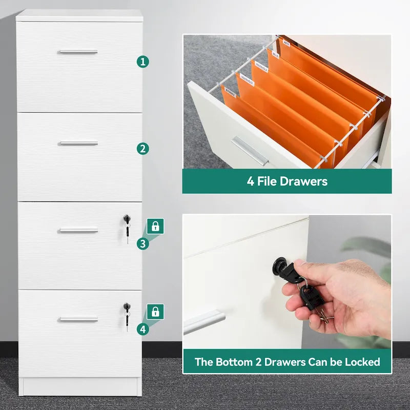 Classeur vertical verrouillable à 4 tiroirs de 51" – Rangement de bureau blanc