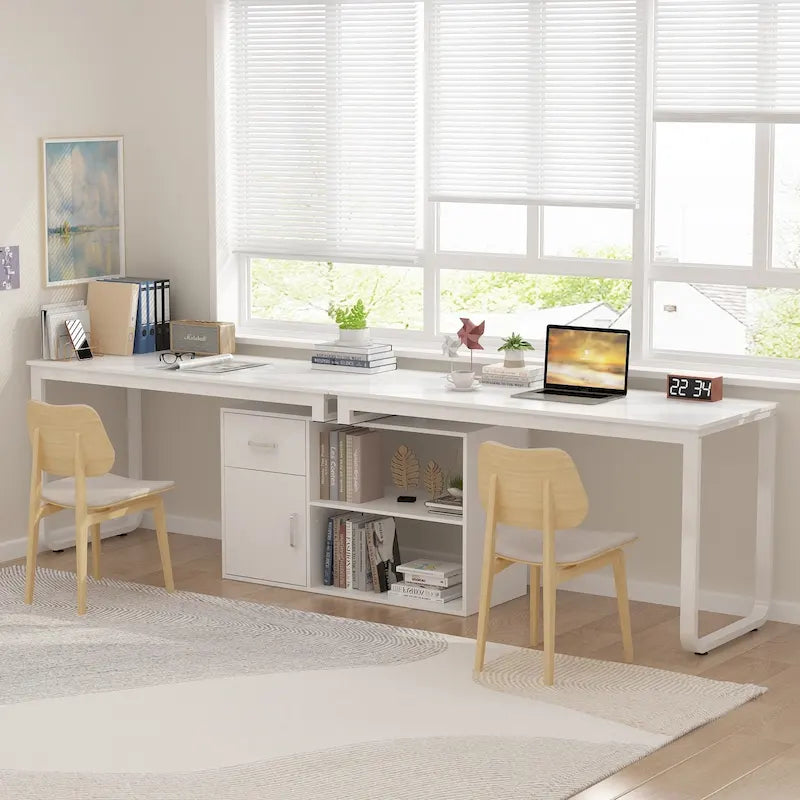 Bureau d'angle réversible blanc avec tiroir, étagères et armoire – Bureau d'ordinateur pour bureau à domicile