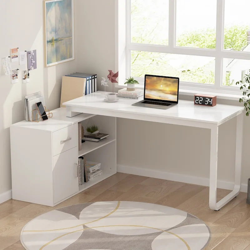 Bureau d'angle réversible blanc avec tiroir, étagères et armoire – Bureau d'ordinateur pour bureau à domicile