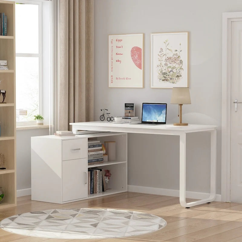 Bureau d'angle réversible blanc avec tiroir, étagères et armoire – Bureau d'ordinateur pour bureau à domicile
