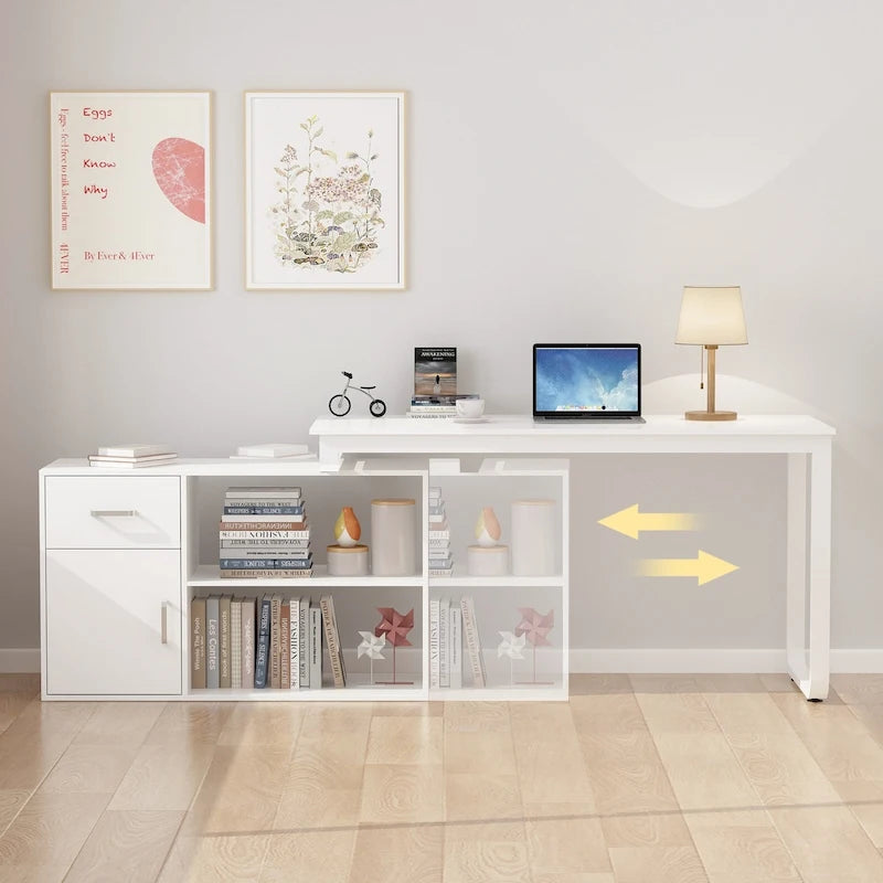 Bureau d'angle réversible blanc avec tiroir, étagères et armoire – Bureau d'ordinateur pour bureau à domicile