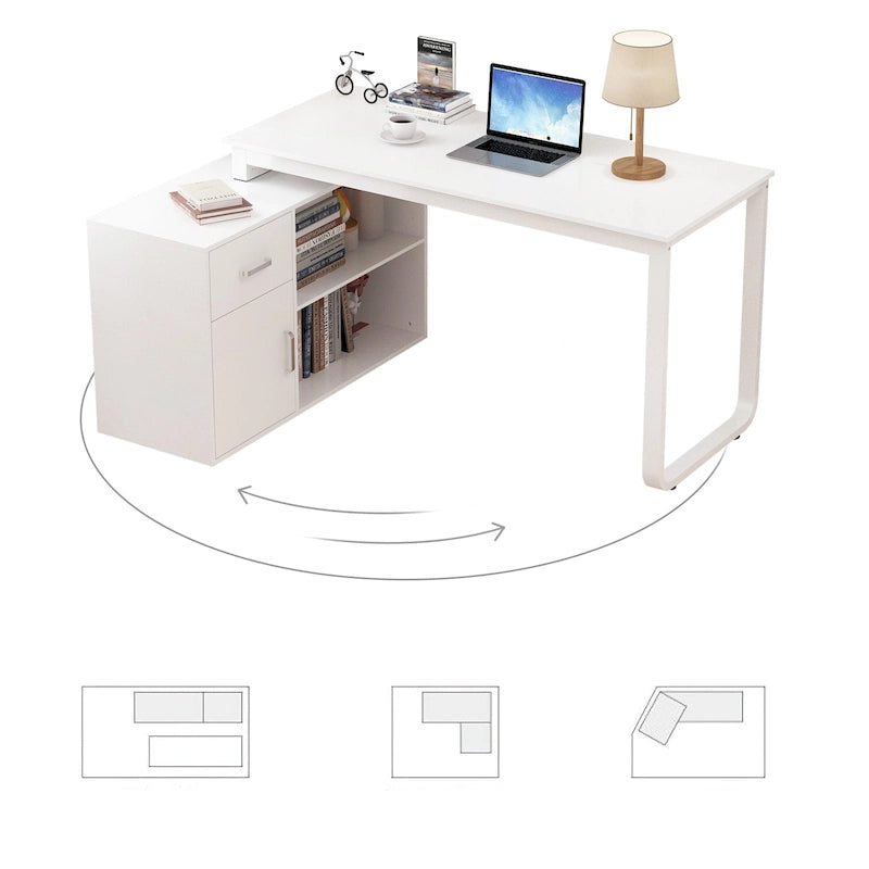 Bureau d'angle réversible blanc avec tiroir, étagères et armoire – Bureau d'ordinateur pour bureau à domicile