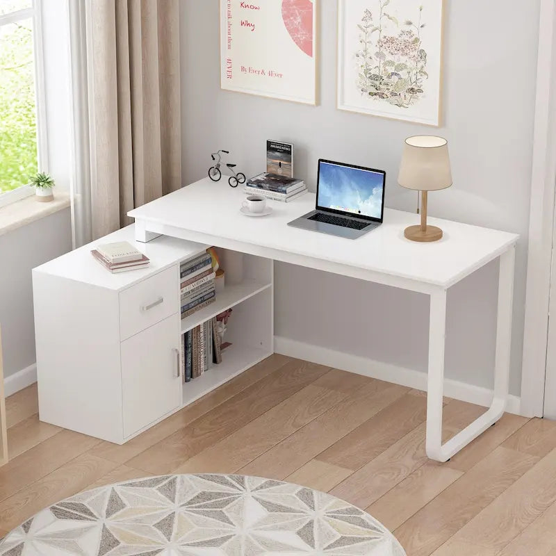 Bureau d'angle réversible blanc avec tiroir, étagères et armoire – Bureau d'ordinateur pour bureau à domicile