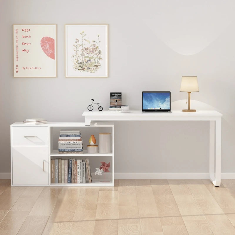 Bureau d'angle réversible blanc avec tiroir, étagères et armoire – Bureau d'ordinateur pour bureau à domicile