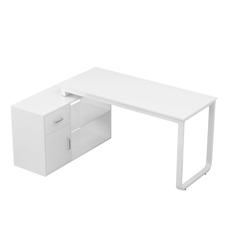 Bureau d'angle réversible blanc avec tiroir, étagères et armoire – Bureau d'ordinateur pour bureau à domicile