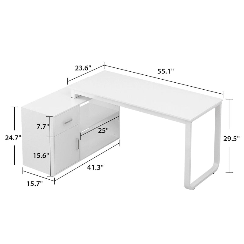 Bureau d'angle réversible blanc avec tiroir, étagères et armoire – Bureau d'ordinateur pour bureau à domicile