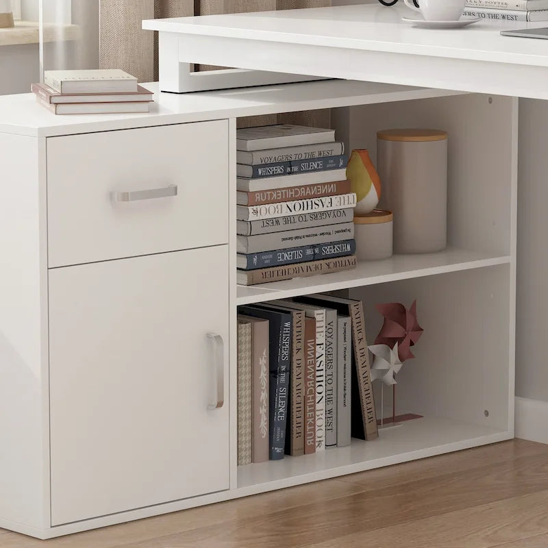 Bureau d'angle réversible blanc avec tiroir, étagères et armoire – Bureau d'ordinateur pour bureau à domicile