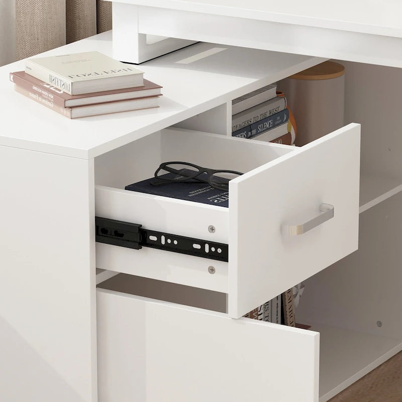 Bureau d'angle réversible blanc avec tiroir, étagères et armoire – Bureau d'ordinateur pour bureau à domicile