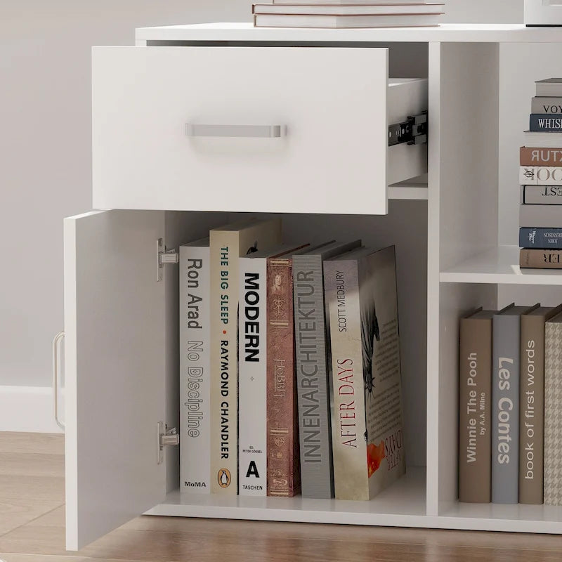Bureau d'angle réversible blanc avec tiroir, étagères et armoire – Bureau d'ordinateur pour bureau à domicile