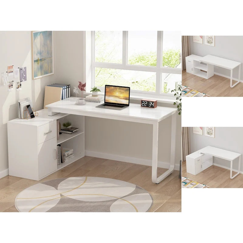Bureau d'angle réversible blanc avec tiroir, étagères et armoire – Bureau d'ordinateur pour bureau à domicile