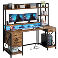 Bureau gaming informatique 150 cm avec huche, étagère, lumières RVB et 3 tiroirs