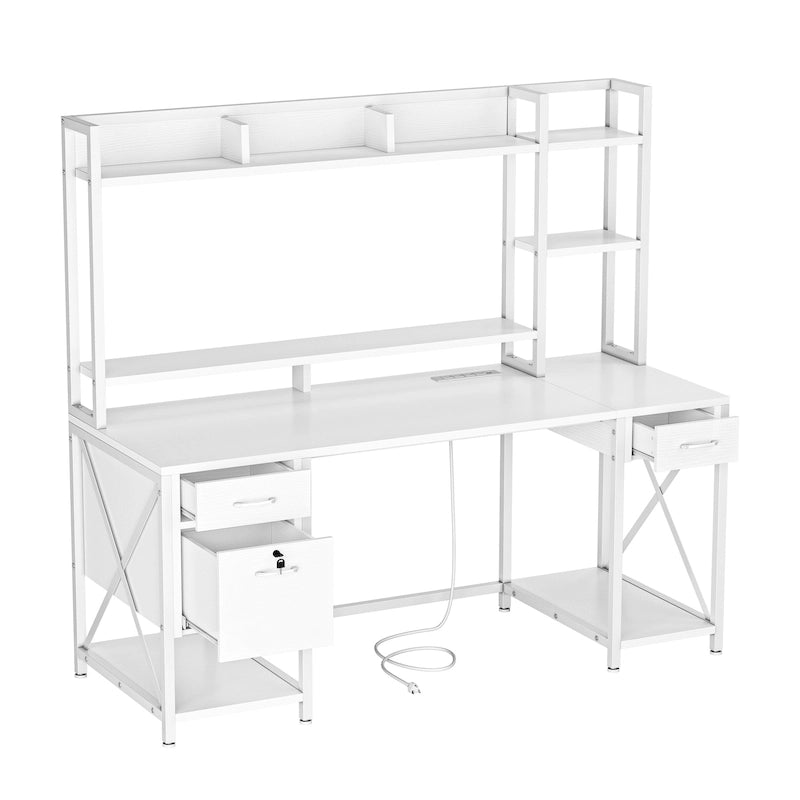 Bureau gaming informatique 150 cm avec huche, étagère, lumières RVB et 3 tiroirs