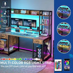 Bureau gaming informatique 150 cm avec huche, étagère, lumières RVB et 3 tiroirs