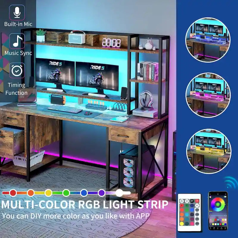 Bureau gaming informatique 150 cm avec huche, étagère, lumières RVB et 3 tiroirs