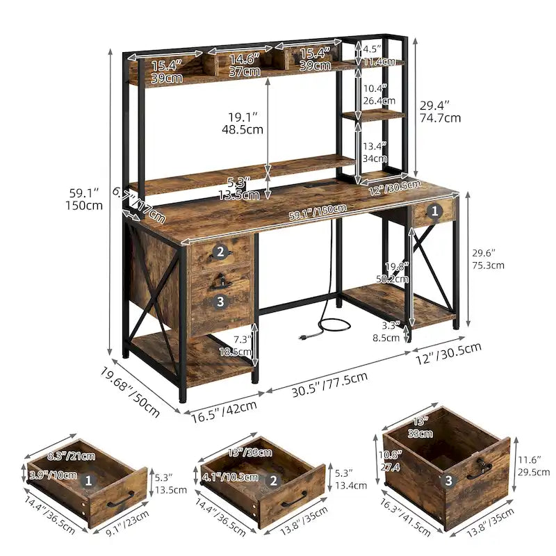 Bureau gaming informatique 150 cm avec huche, étagère, lumières RVB et 3 tiroirs