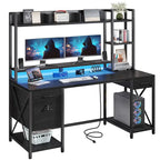 Bureau gaming informatique 150 cm avec huche, étagère, lumières RVB et 3 tiroirs