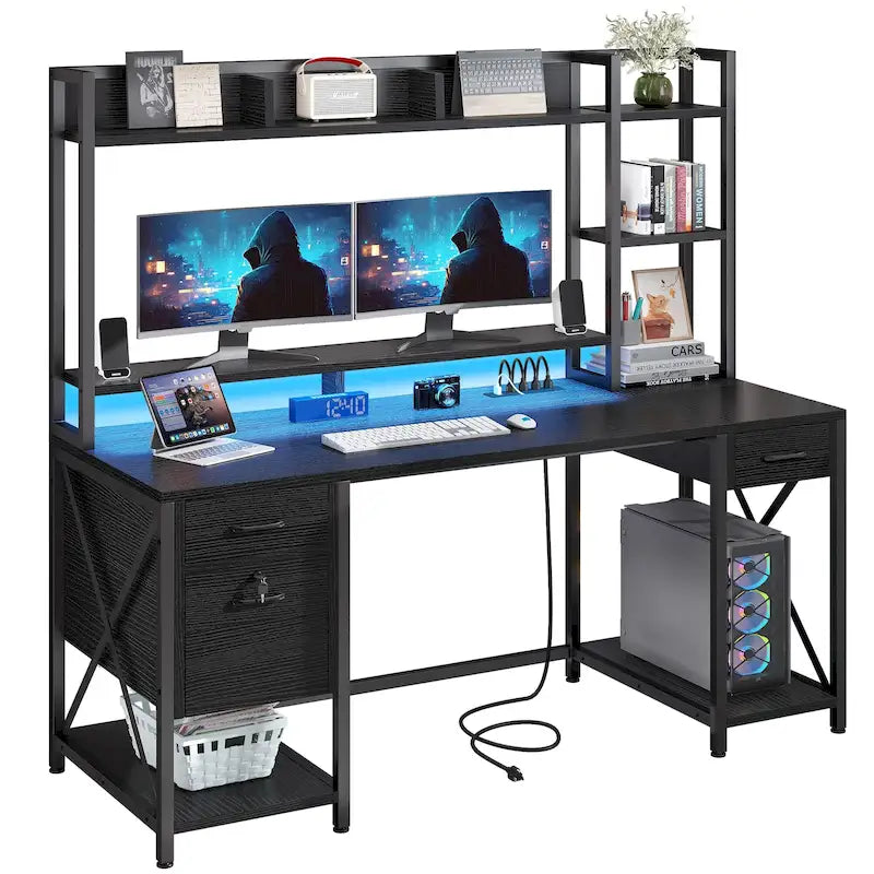 Bureau gaming informatique 150 cm avec huche, étagère, lumières RVB et 3 tiroirs