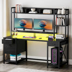 Bureau gaming informatique 150 cm avec huche, étagère, lumières RVB et 3 tiroirs