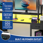 Bureau gaming informatique 150 cm avec huche, étagère, lumières RVB et 3 tiroirs