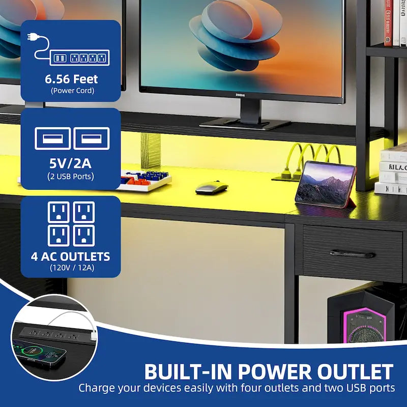 Bureau gaming informatique 150 cm avec huche, étagère, lumières RVB et 3 tiroirs