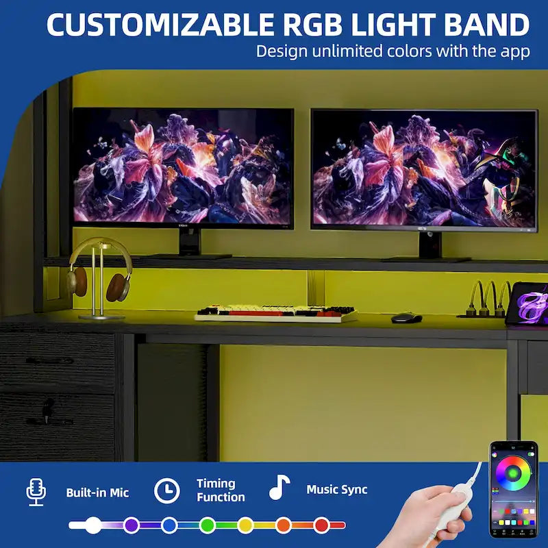 Bureau gaming informatique 150 cm avec huche, étagère, lumières RVB et 3 tiroirs