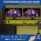 Bureau gaming informatique 150 cm avec huche, étagère, lumières RVB et 3 tiroirs