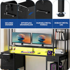 Bureau gaming informatique 150 cm avec huche, étagère, lumières RVB et 3 tiroirs