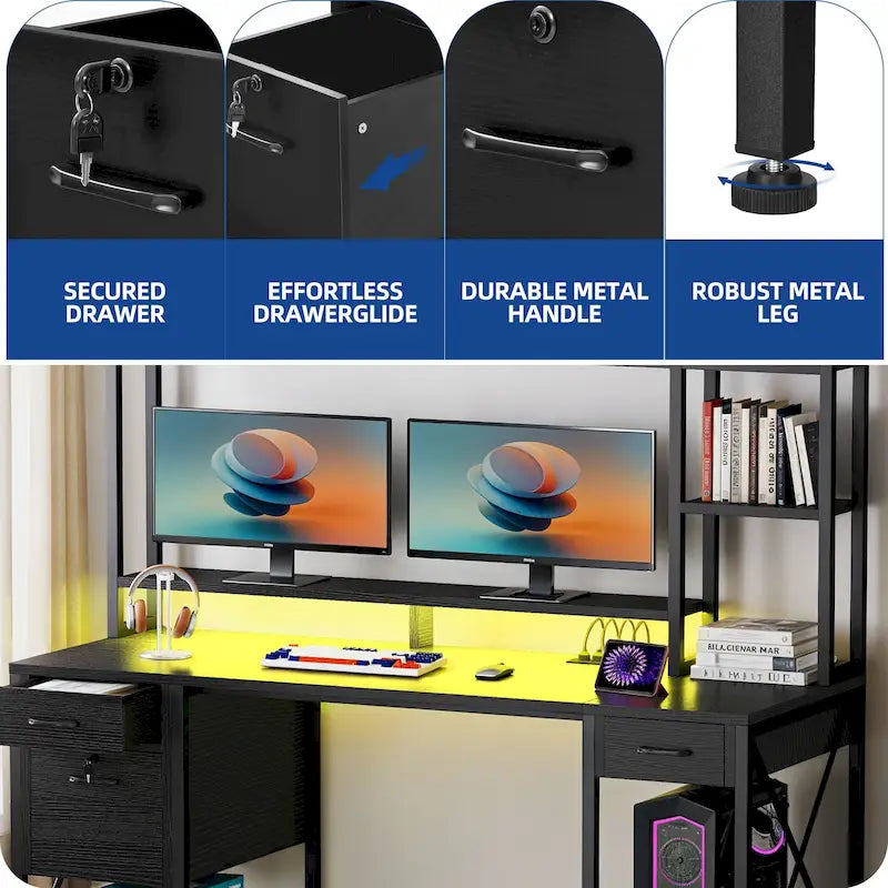 Bureau gaming informatique 150 cm avec huche, étagère, lumières RVB et 3 tiroirs