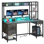 Bureau gaming informatique 150 cm avec huche, étagère, lumières RVB et 3 tiroirs