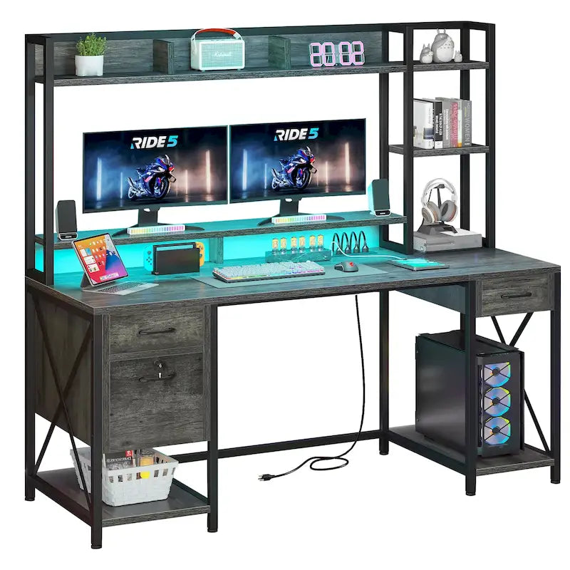 Bureau gaming informatique 150 cm avec huche, étagère, lumières RVB et 3 tiroirs